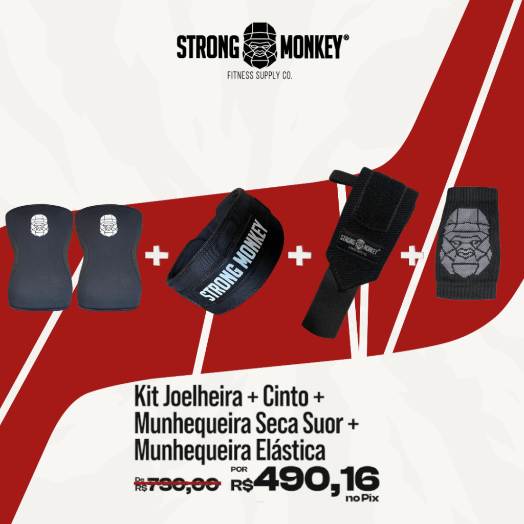 Kit Joelheira + Cinto + Munhequeira Seca Suor + Munhequeira Elástica - Strong Monkey